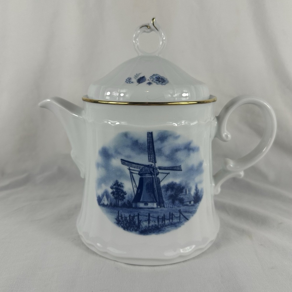 Delft Blauw Ter Steege eschenbach Windmill Teapot Hand Decorated Holland Gold